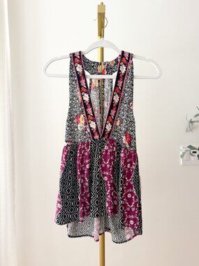 Free People Dream Darlin Printed Racerback Top | Deep V Boho | NWT | M